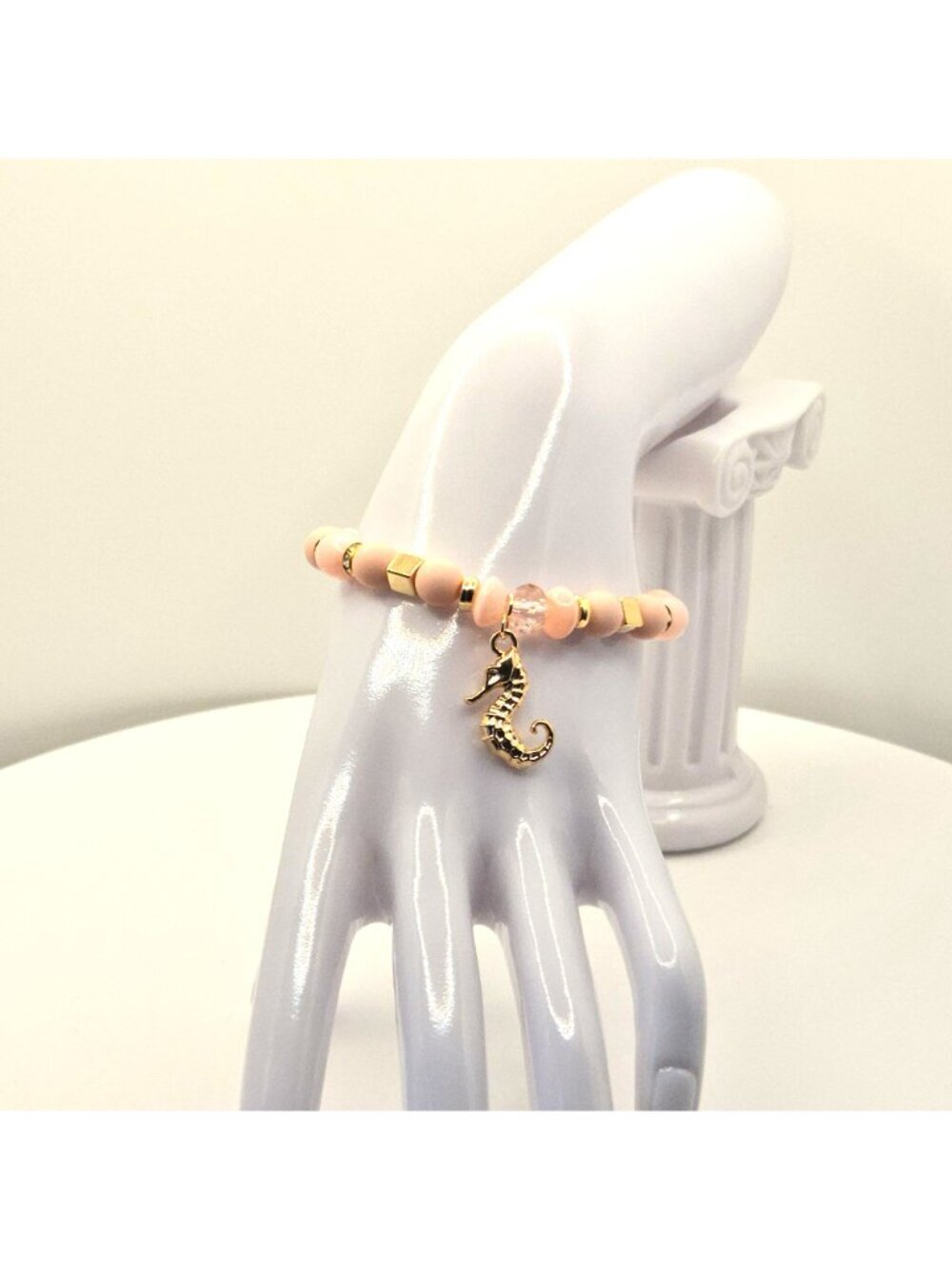 Pink And Gold Tone Beaded Stretch Bracelet With Seahorse Charm